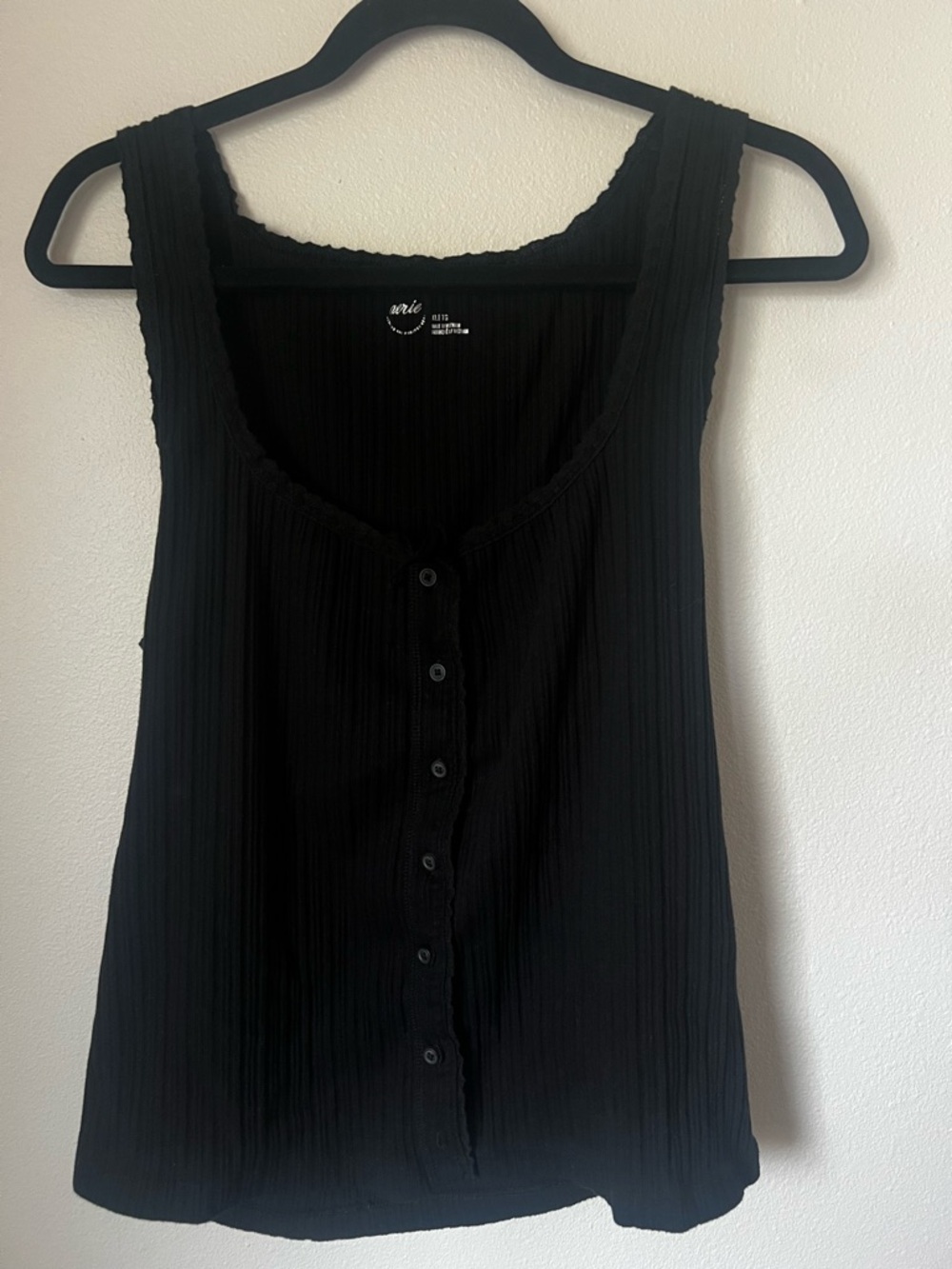 Aerie Black Ribbed Button Front Tank Top XL Crochet Trim Stretch